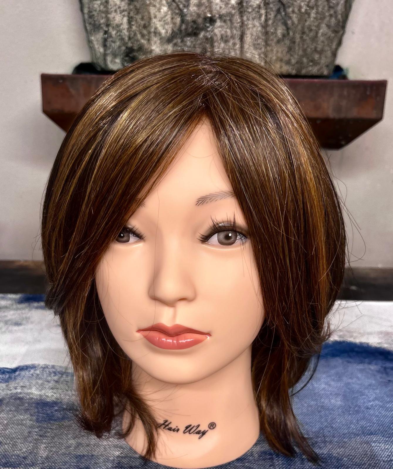 Dimensional brunette bob wig with side-swept layers