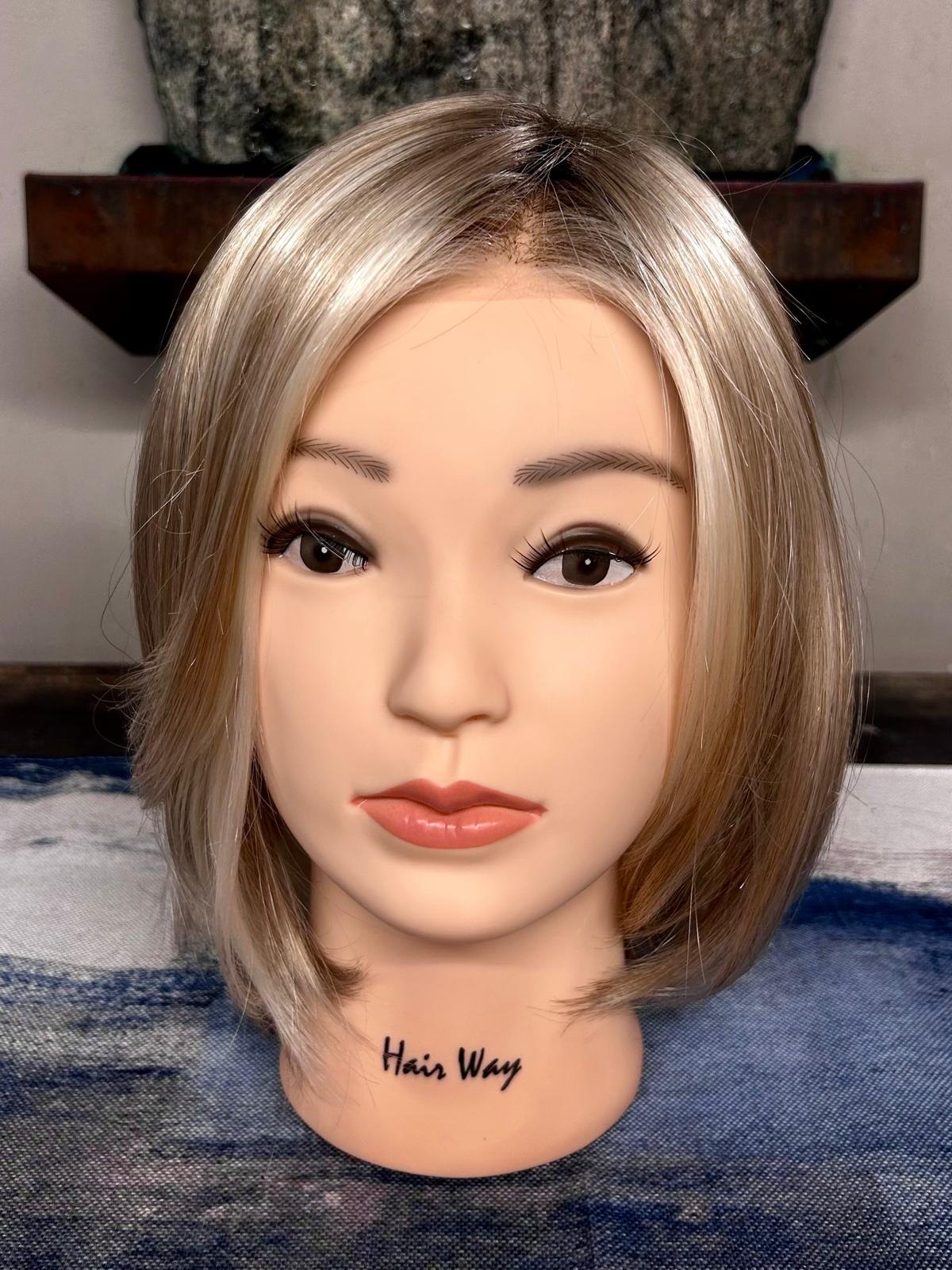 Light blonde bob wig with soft layers and darker root